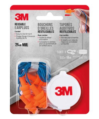 3M Corded Reusable Earplug, 3-Pair with Case, 90716-80025T 3 Pairs, Corded