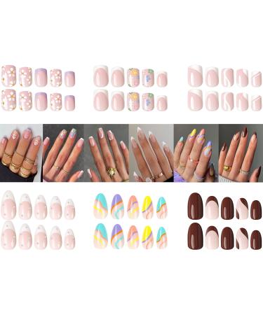 Yivaiks 6 Pack (144 Pcs) Press on Nails Short | Medium Kit French Tip Design Fake Nails Almond and Square Glue on Nails Set Full Cover Acrylic Nails for Women and Girl Elegant Flowers Stick on Nails 6 piece set01