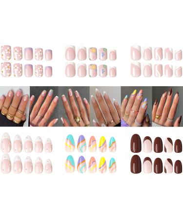 Yivaiks 6 Pack (144 Pcs) Press on Nails Short | Medium Kit French Tip Design Fake Nails Almond and Square Glue on Nails Set Full Cover Acrylic Nails for Women and Girl Elegant Flowers Stick on Nails 6 piece set01 - Buy Online on GoSupps.com