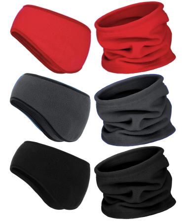BBTO 6 Pieces Fleece Ear Warmers Headband Winter Neck Gaiter Red, Grey, Black