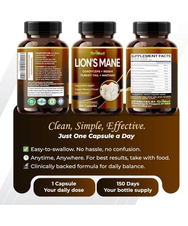 GriMed Lion's Mane Mushroom 13 600mg with Beta-(1 3)(1 6)-glucans Cordyceps Reishi Mushroom- Organic Brain Boosting Supplement for Clarity Focus & Energy (150 Count (Pack of 1)) - Buy Online on GoSupps.com
