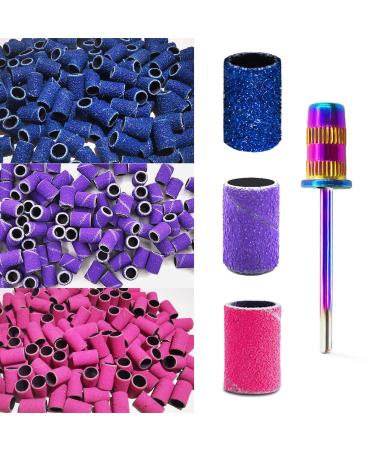 Nail Drill Bits Sanding Bands for Nail Drill, Corfulra Drill Bits for Nails 210pcs Sanding Bands Coarse Fine #80#150#240 Grits with Rainbow Mandrel Bit for Electric Nail Drill Nail Accessories Tool Blue-purple-red