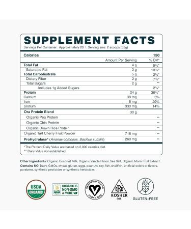 Ora Vegan Protein Powder for Lifelong Strength - 23g Per Serv - Plus Tart Cherry for Joint Health & ProHydrolase for Protein Absorption - Organic Gluten-Free - Vanilla Flavor 20 Servings - Buy Online on GoSupps.com