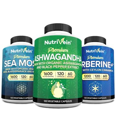 Nutrivein Premium Irish Sea Moss Capsules, Berberine Supplements, and Ashwagandha Supplements Bundle: High-Absorption Berberine Hcl, Ashwagandha Root Extract, & Sea Moss for Digestion & Daily Balance