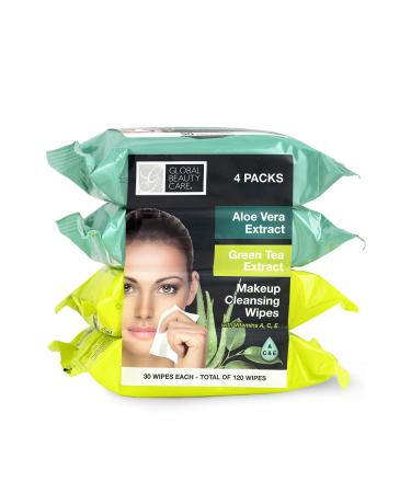 Global Beauty Care Cleansing Makeup Removal Cloth Wipes Bulk - Great for travel toiletries - 120 Count (4-Pack) (Aloe Vera & Green Tea)