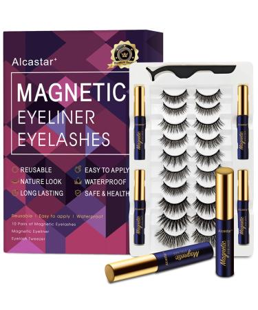 3D Magnetic Eyelashes with Eyeliner Kit Magnetic Lashes with Applicator Updated Most Natural Look Strongest Hold Waterproof Reusable Magnet Eyelashes Easy to Use.(10 Pairs & 4 Liner)