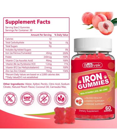 Iron Supplement Gummies for Women & Men - Iron Gummies with Folate Vitamin C B12 B6 Zinc Peach Flavor Vegan 60 Gummies - Buy Online on GoSupps.com
