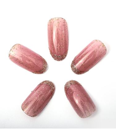 Novo Ovo Medium-Length Oval Almond Dark Pink & Gold Glitter French Tip Press-On Nails | Chrome Artificial Fingernails | Easy Sticking with Glue - Buy Online on GoSupps.com