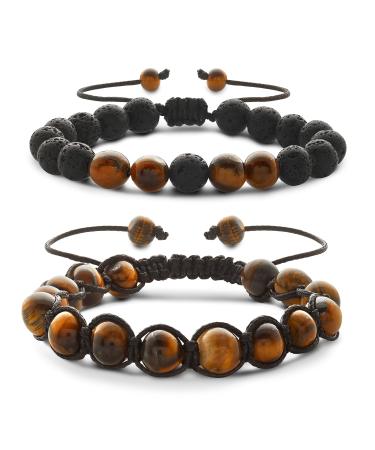 HTL 2 Pcs Tiger Eye Crystal Bracelet and Lava Rock Stone Bracelet for Men and Women. 8mm Stone bracelet, Essential Oil Diffuser Chakra Aromatherapy Bracelets Yoga Beads Bracelet, Black (Htl2)
