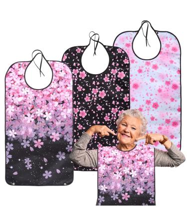 Adult Bibs for Women Washable Reusable - Waterproof Adult Bibs for Eating with Crumb Catcher - Adjustable Dining Clothing Protectors for Adults Seniors Elderly (Cherry Blossoms - 3 PCS)