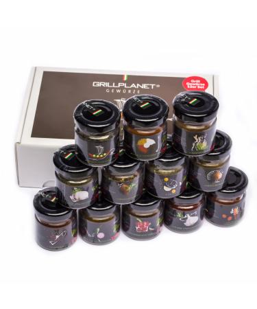 Spice Set Gift - Grill Spice Mix for BBQ Meat Fish Vegetables 12 Design Glasses from Grillplanet Premium Quality