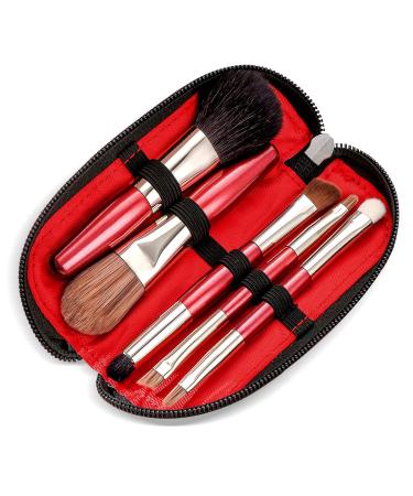 Protable Mini Makeup Brushes Set with Travel Case 5PCS Cosmetic Brushes Kit(Natural and Synthetic Hair)-Includes Foundation-Contouring-Blending-Blush And Eyeshadow Brushes(Travel Size) Red