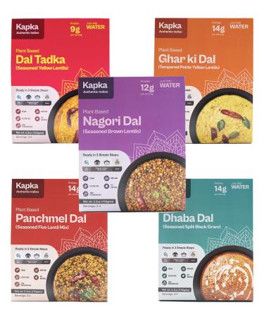 Kapka Vegan Indian Dal Plant Based Protein - 5 Pack Variety Seasoned Ready to Eat Entrees for Pressure Cookers Instant Pots - Non-GMO Gluten Free | 3-4 Servings (9-14g) Per Pack Variety - Pack of 5 Dals
