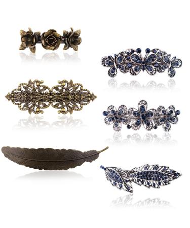6 Pieces French Vintage Hair Barrettes Kalolary Hair Barrettes Crystal Retro French Hairpins Metal Clasp Bronze Roses Feathers Hair Clips For Women Girls (B) b cup