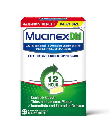 Cough Suppressant and Expectorant Mucinex DM Maximum Strength 12 Hr Relief Tablets 42ct 1200 mg Thins & loosens Mucus That Causes Chest Congestion