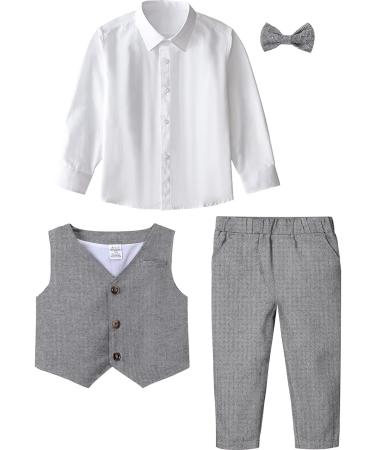 Mint Green Baby Boys Wedding Suit Set | Herringbone Tweed Outfit 1-4 Years | Dark Gray Christening Clothes with Shirt, Waistcoat, Trousers, Bow Tie - Buy Online on GoSupps.com
