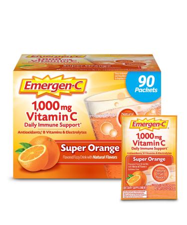 Emergen-C 1000mg Vitamin C Powder for Daily Immune Support Caffeine Free Vitamin C Supplements with Zinc and Manganese B Vitamins and Electrolytes Super Orange Flavor - 90 Count/3 Month Supply