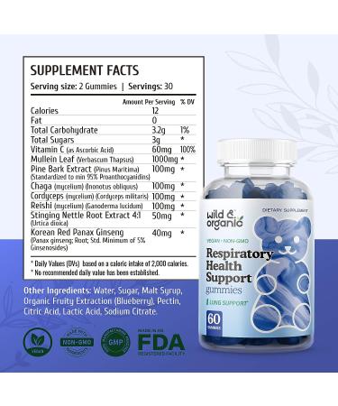 Wild & Organic Lung Health Support Gummies - Respiratory System Aid with Mullein, Pine Bark, Chaga, Cordyceps, Reishi, Stinging Nettle, and Ginseng - 60 Chewables - Buy Online on GoSupps.com