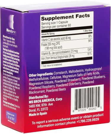 Blendamin Iron Ferrous Bisglycinate with Vitamins B12 Cyanocobalamin Folic Acid Vitamin C Red Cells Formation Blood & Immunity Health 60 Capsules - Buy Online on GoSupps.com