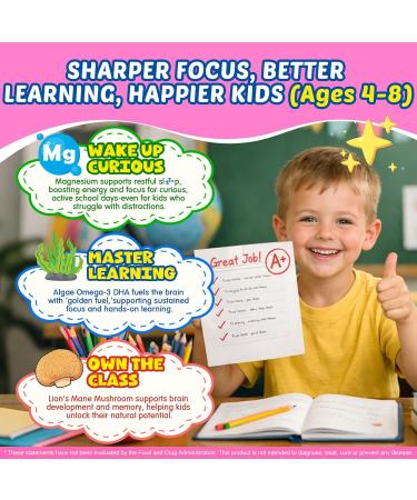 Focus Gummies for Kids & Adults, Brain Supplement w/Magnesium Glycinate, Omega-3 DHA, Lion's Mane, L-Theanine, Methylated B12 & Vitamin D3 Support Attention, Concentration, Memory, and Calm, 60Cts - Buy Online on GoSupps.com