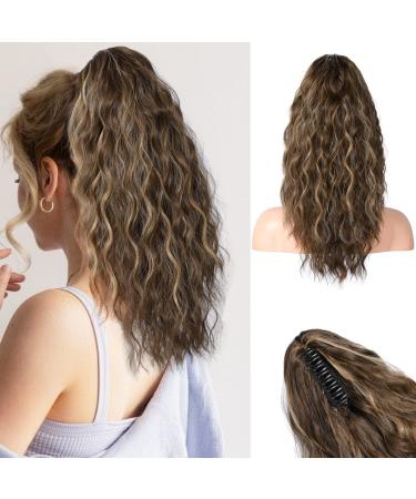 REECHO Ponytail Extension Claw Clip Ponytail Extension for Women Multi Layered Curly Wavy Hair Extensions Synthetic Clip in Hairpiece for Daily Use - Chocolate Brown with Blonde Highlights 18 Inch-160 Gram(Pack of 1) Chocolate Brown with Blonde Highlights