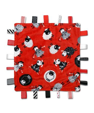 Sleepy Sheep Label Lovey - Black  White and Red - Baby Sensory  Security & Teething Textured Ribbon Tag Blanket