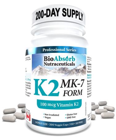 Vitamin K2 MK-7 100 mcg. 200-Day Supply of K2 Vitamin Supplement (200 Veggie Vitamin K Capsules MK7 Form) 200 count (Pack of 1)
