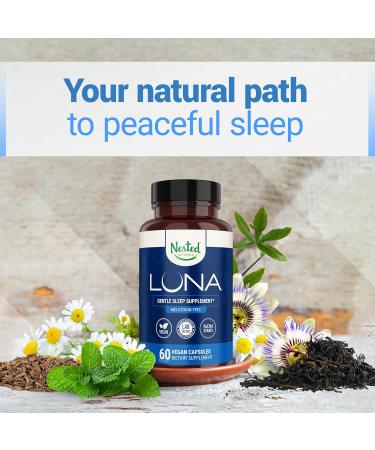 Nested Naturals Luna Sleep Supplement Melatonin Free Non-Habit Forming Herbal Sleep Supplement Adult Bedtime Support Help Sleeping w/Chamomile Valerian L-Theanine 60 Vegan Capsules Luna Herbal Melatonin Free - Buy Online on GoSupps.com