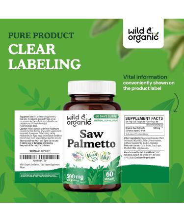 Wild & Organic Saw Palmetto Capsules 500 mg - Urinary Tract Support for Men & Women - Pure Saw Palmetto Powder Supplement - Serenoa Repens Berries - 60 Days of Supply - Vegan Non-GMO - 60 Count 60 Count (Pack of 1) - Buy Online on GoSupps.com