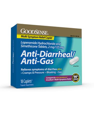 GoodSense  Loperamide Hydrochloride and Simethicone Tablets 2 mg/125 mg Anti-Diarrheal and Anti-Gas 18 Count (Pack of 1) Caplet