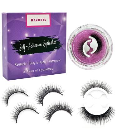 RAZONIX Reusable Self Adhesive Eyelashes No Glue or Eyeliner Needed - Easy to Apply within 3 Seconds - Natural Fluffy Waterproof False Lashes (2-pairs)