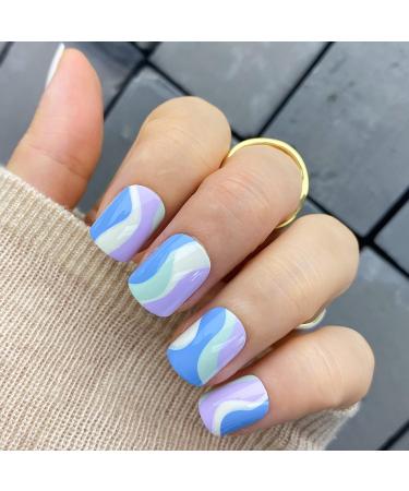 Novo Ovo Short Corner Oval Press On Nails - Purple White Green Strudel - Lavender Stick Artificial Fingernails with Glue for Valentine's Day | International Shipping - Buy Online on GoSupps.com