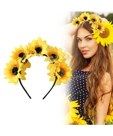 Yellow Headband Flower Wreath Women Girls Beach Wedding Travel Carnival Party Headpiece Headband with Sunflowers Flowers Hair Band Headpiece Flowers Hair Band Sunflowers Headband