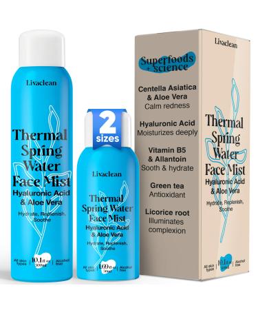 300ml + 50ml Thermal Spring Water Face Spray Mist Hydrating w/ Hyaluronic Acid & Aloe Vera - Hydrating Face Mist Soothing & Calming Mineral-Rich Skin Nourishment Refreshing 10 fl oz + 1.7 fl oz