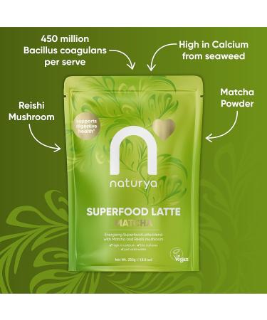 Naturya Energizing Matcha Superfood Latte Blend 250g - Creamy Vegan & Gluten-Free Matcha Green Tea with Coconut Milk Reishi Mushroom Live Bio Cultures & Seaweed Calcium for Digestion & Bone Health - Buy Online on GoSupps.com