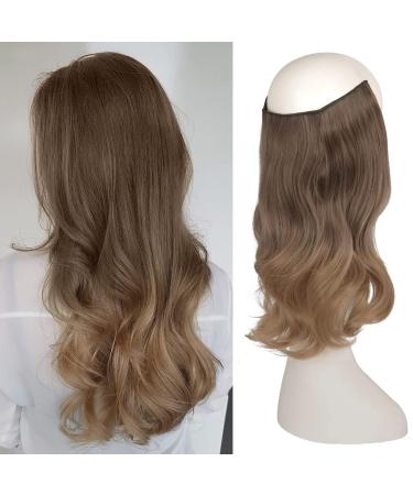 FESHFEN Hair Secrets Extensions Invisible Secret Wire Crown Hair Extensions One Piece Curly Wavy Long Hair Extension Synthetic Hairpieces for Women 14 inch Ombre Golden Brown to Ash Brown