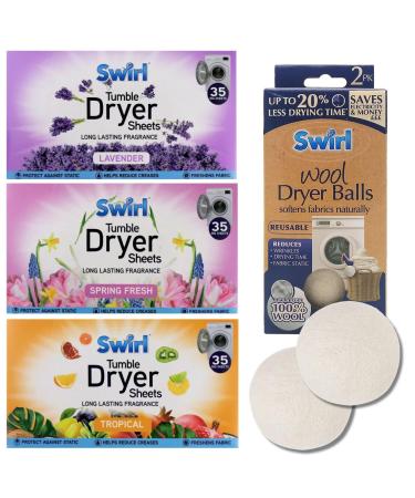 Swirl 3 pack Tumble Dryer Sheets - 35 Lavender - 35 Tropical - 35 Spring - Total 105 Sheets + 2 Wool Dryer Balls - All you need Kit