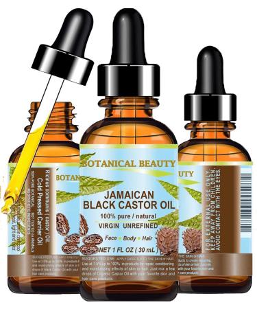 Botanical Beauty Black Castor Oil Jamaican. 100% Pure Natural Virgin Unrefined Cold Pressed Carrier Oil. 1 Fl.oz.- 30 Ml. For Face Skin Hair Eyelashes Brows and Nails