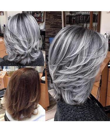 KRSI Grey Layered Wig - 14inch Shoulder Length Silver Wavy Wig with Curtain Bangs for Black Women - Natural Synthetic Hair - Buy Online on GoSupps.com