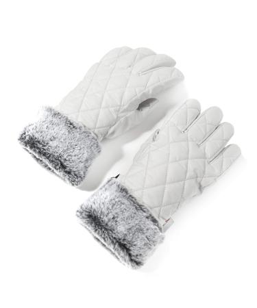 accsa Women Winter Ski Glove Waterproof 3M Thinsulate Warm Windproof Gray-White with Gray Fur Medium