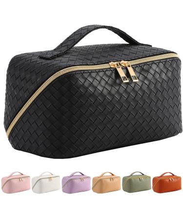 Baonmy Large Capacity Travel Cosmetic Bag - Makeup Bag,Portable PU Leather Waterproof Cosmetic Bag for Women,Travel Makeup Bag Organizer with Handle and Divider Flat Lay Makeup Organizer Bag (Black)