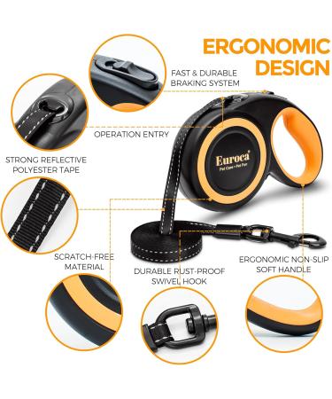 Euroca Retractable Dog Leash for Small Medium and Large Dogs Up to 110LBS- 16' Heavy Duty Reflective Nylon Tape Tangle-Free Quick-Lock Braking System Anti-Slip Handle (Large Black) Large Black - Buy Online on GoSupps.com