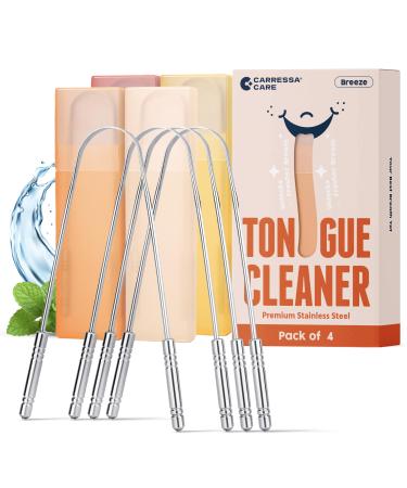 Tongue Scraper with Travel Cases - 100% Stainless Steel Tongue Scrubber for Fresh Breath & Easy to Carry - Pack of 4 Tongue Cleaner for Daily Hygiene & Oral Care - Adults & Family Pack of 4 Stainless Steel