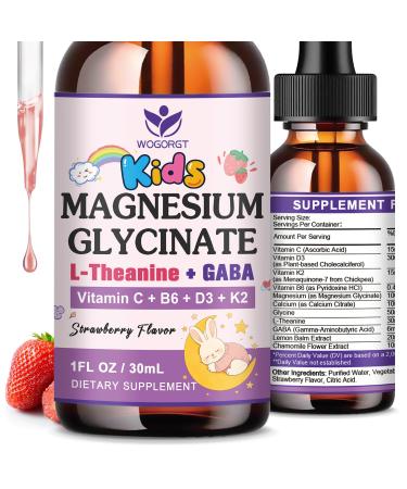 Magnesium Glycinate Drops for Kids - Relaxation & Cognition Support - 200mg Liquid Magnesium Glycinate Supplement with L-Theanine GABA B6 D3 K2 - Sugar Free Strawberry Flavor - 1 Fl Oz (2 Pack)