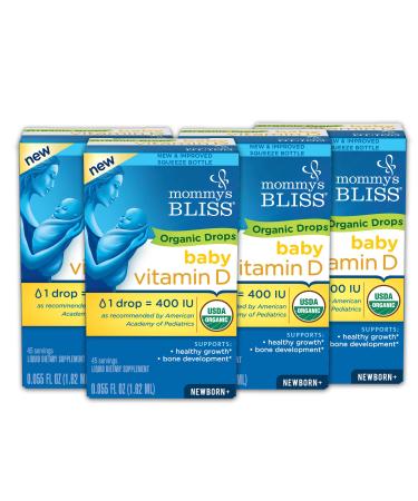 Mommy's Bliss Organic Baby Vitamin D Drops, Promotes Healthy Growth and Bone Development, Supports Immunity, Age Newborn+, 45 Servings 0.055 Ounce (Pack of 4)