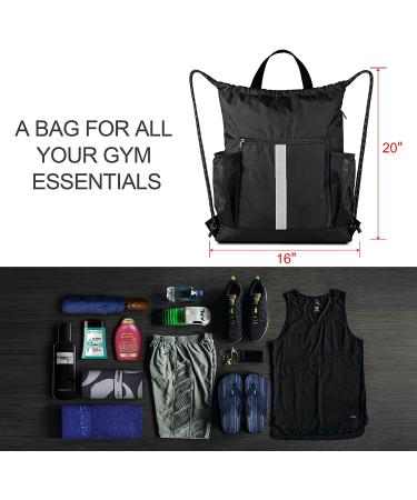Drawstring Backpack Sports Gym Bag With Shoe Compartment and Two Water Bottle Holder Black 16" x 19.5" - Buy Online on GoSupps.com