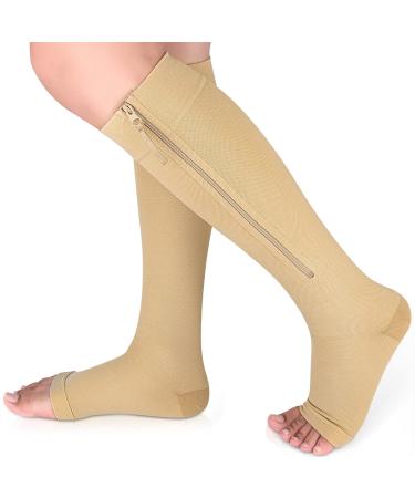 Ailaka Medical Compression Socks with Zipper Knee High 15-20 mmHg Compression Socks for Women Men Open Toe Support Socks for Varicose Veins Edema Recovery Pregnant Nurse Medium (1 Pair) Beige