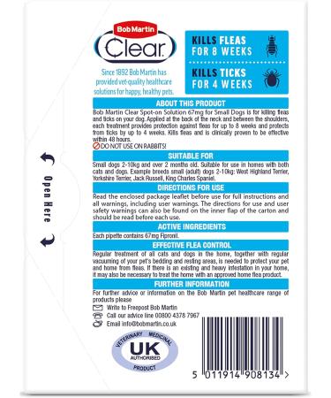 Bob Martin Clear Spot On Flea & Tick Treatment for Small Dogs 2-10kg - 3 Pipettes - Buy Online on GoSupps.com