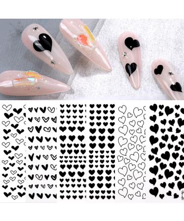Black Hearts Nail Art Stickers for Nail Art Designs and Nail Decorations Self Adhesive Nail Decals for Women Girls Kids for Fingernails Acrylic Nails Decor (6 Sheets)