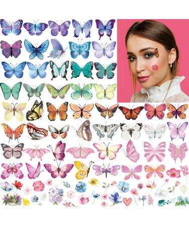 Coszeos 100Pcs Butterfly Temporary Tattoos for Kids Women Girls  Fake Colorful Butterflies Wings Flower Tattoo Stickers Art Waterproof for Face Body Arm Birthday Party Favors Makeup Supplies Gifts Butterfly01